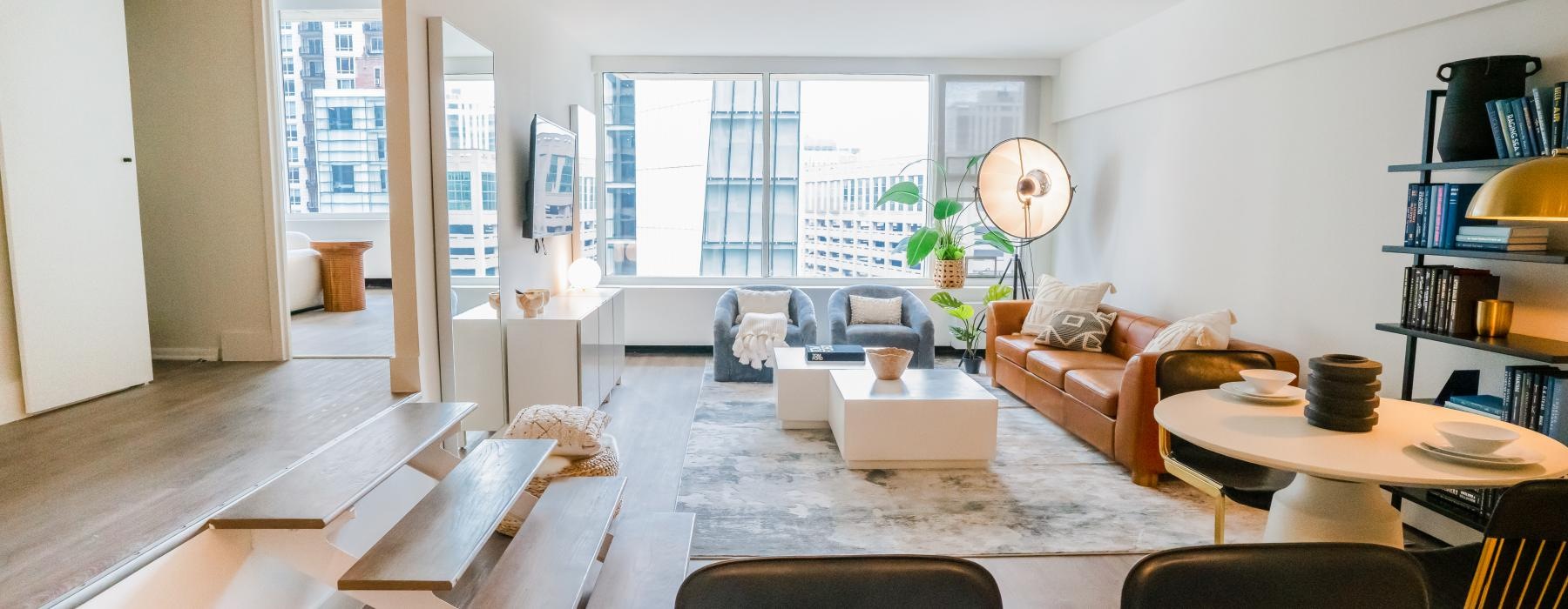 a living room with a large window